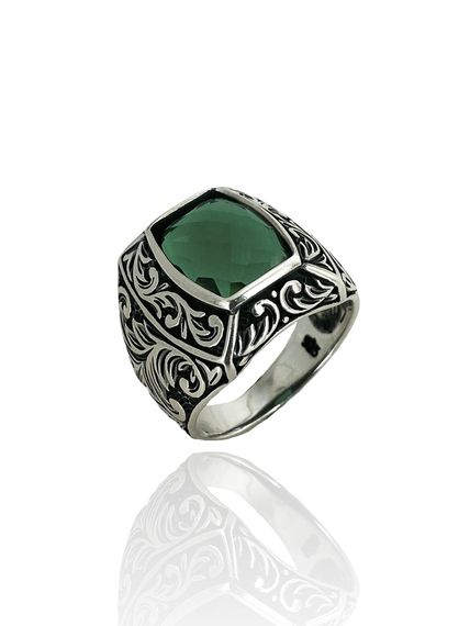 Engraving Very Simple and Stylish Emerald Stone 925 Sterling Silver Men's Ring - photo 1