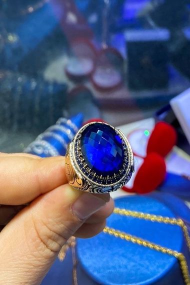 Oval Safir Süleyman Mührü Üst Kalite Gümüş Erkek Yüzük - fotoğraf 4