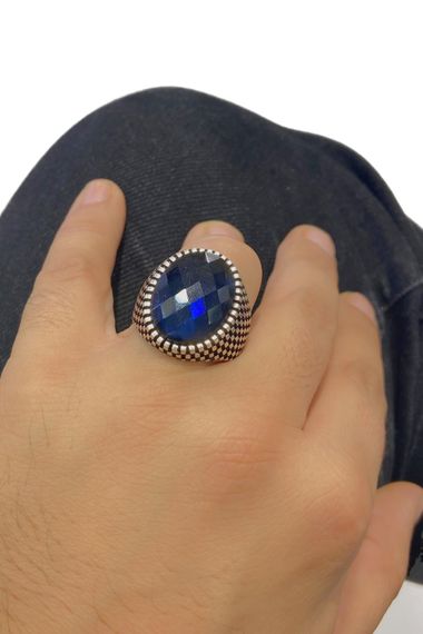 Oval Safir Çok Şık Üst Kalite 925 Gümüş Erkek Yüzük - fotoğraf 3