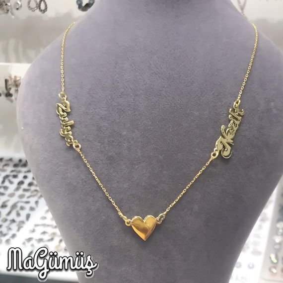 2 Two Name Middle Heart Design Gold Plated Sterling Silver Necklace