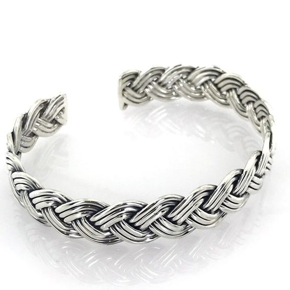 سلة القش الحياكة اليدوية الإسبانية للجنسين سوار الفضة الإسورة - صورة 2