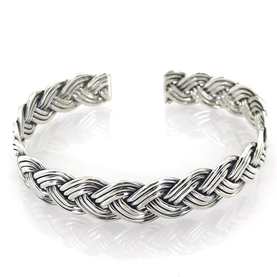 سلة القش الحياكة اليدوية الإسبانية للجنسين سوار الفضة الإسورة - صورة 3