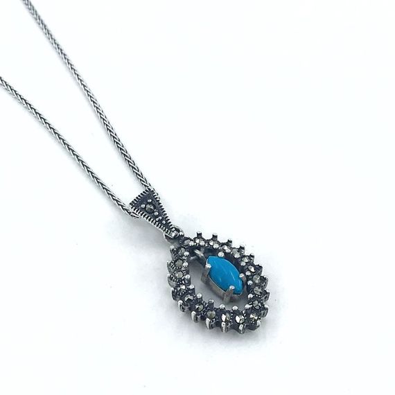 Shuttle Model Turquoise Marcasite Stone Silver Necklace