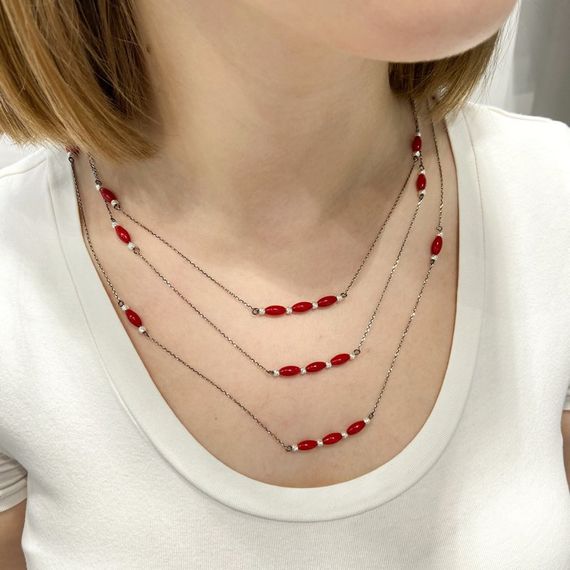 160 cm Long Chain 3 Twisted Coral Stone Silver Necklace
