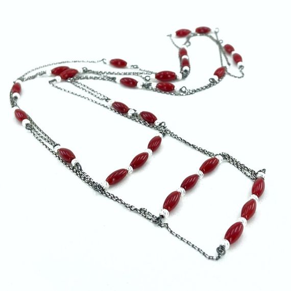 160 cm Long Chain 3 Twisted Coral Stone Silver Necklace