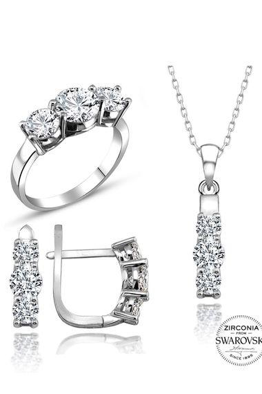 Sertifikalı Swarovski 3 Üç Taş Tria 925 Gümüş Set Takım - fotoğraf 2