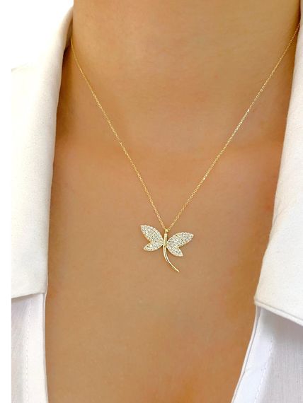 14 Ayar Altın Üst Kalite Özel Tasarım Yusufçuk Kelebek Kolye - fotoğraf 2