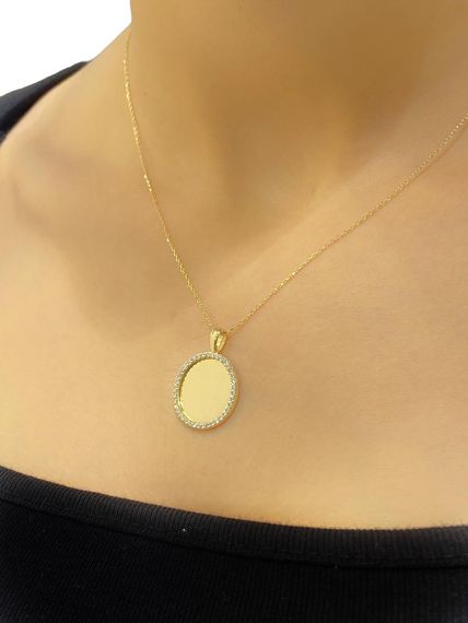 Золотий кулон з дзеркальною плакою 14 карат, вага 3.25 г, з цирконом, довжина 42 см, сертифікований, місцеве виробництво - фото 3