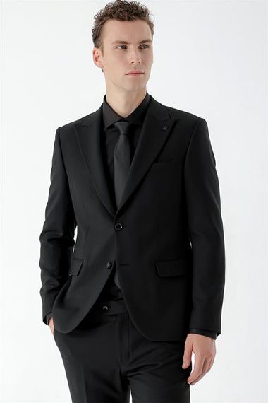 Мужской черный базовый костюм узкого кроя (РУБАШКА, ГАЛСТУК В ПОДАРОК) - фото 3
