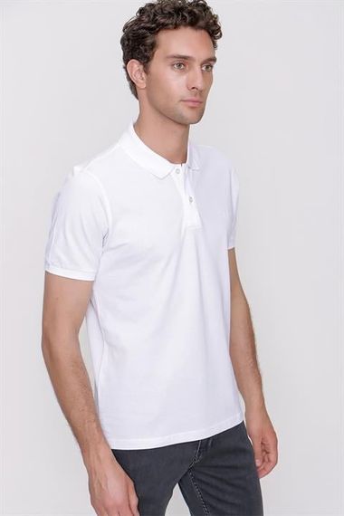 Men's White Basic Plain 100% Cotton Slim Fit Slim Fit Short Sleeve Polo Neck T-Shirt - photo 3