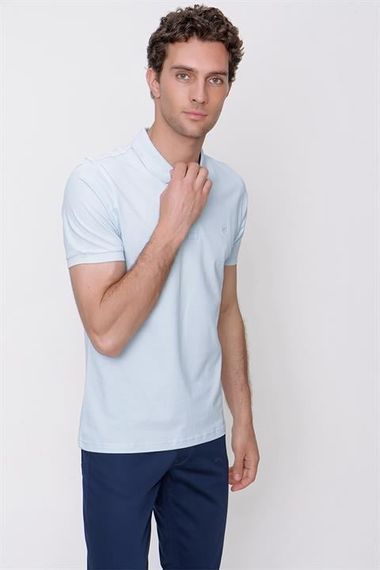 Men's Ice Blue Basic Plain 100% Cotton Slim Fit Slim Fit Short Sleeve Polo Neck T-Shirt - photo 4