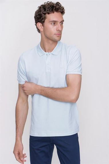 Men's Ice Blue Basic Plain 100% Cotton Slim Fit Slim Fit Short Sleeve Polo Neck T-Shirt - photo 3