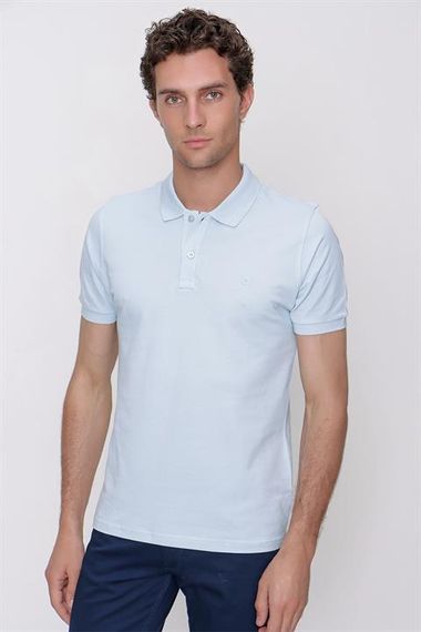 Men's Ice Blue Basic Plain 100% Cotton Slim Fit Slim Fit Short Sleeve Polo Neck T-Shirt - photo 1