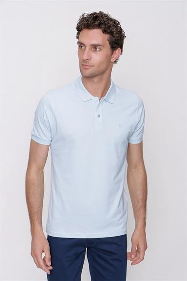 Men's Ice Blue Basic Plain 100% Cotton Slim Fit Slim Fit Short Sleeve Polo Neck T-Shirt - photo 2