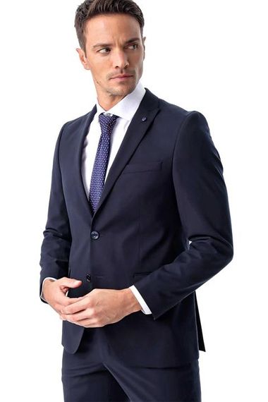 Чоловічий класичний синій slim fit діловий костюм з подвоєними розрізами - фото 2