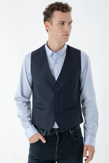 Morven Men's Navy Blue Rabat Jacquard Slim Fit Vest - photo 3