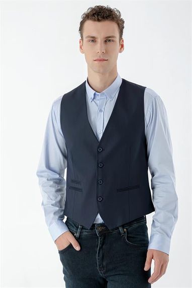 Morven Men's Navy Blue Rabat Jacquard Slim Fit Vest - photo 2