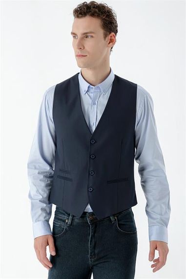 Morven Men's Navy Blue Rabat Jacquard Slim Fit Vest - photo 1