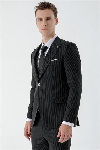 Morven Men's Black Polyviscon Trend Vest Striped Pattern Slim Fit Pointed Collar Suit - photo 5