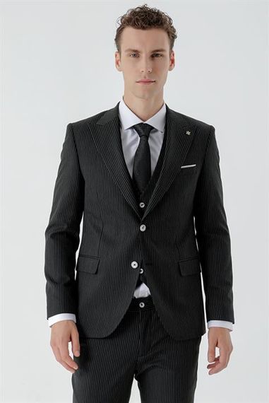 Morven Men's Black Polyviscon Trend Vest Striped Pattern Slim Fit Pointed Collar Suit - photo 4