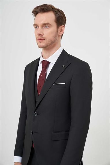 Morven Erkek Siyah Poliviskon Basic Yelekli Jakar Desen Slim Fit Sivri Yaka Takım Elbise - photo 4