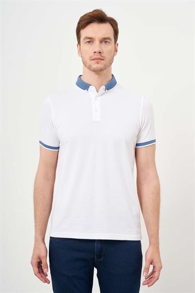 Morven Erkek Beyaz Trend Oxford Pike Düz Düğmeli Yaka Dynamic Fit T-Shirt - photo 1