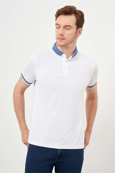 Morven Erkek Beyaz Trend Oxford Pike Düz Düğmeli Yaka Dynamic Fit T-Shirt - photo 2