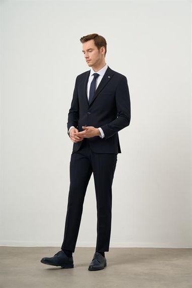 Morven Men's Navy Blue Polyviscon Basic Plain Pattern Slim Fit Pointed Collar Suit - photo 4