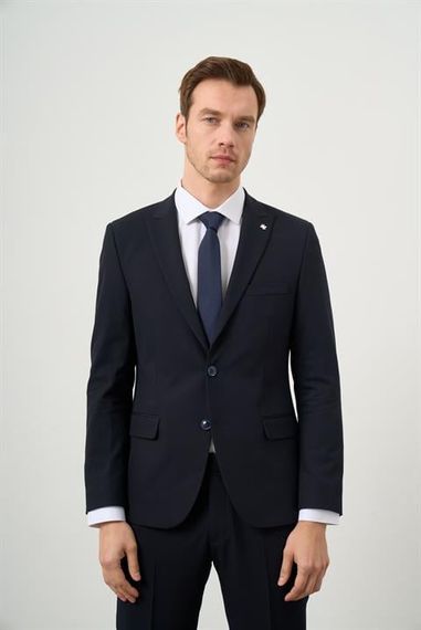 Morven Men's Navy Blue Polyviscon Basic Plain Pattern Slim Fit Pointed Collar Suit - photo 3