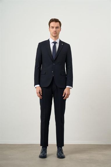 Morven Men's Navy Blue Polyviscon Basic Plain Pattern Slim Fit Pointed Collar Suit - photo 1