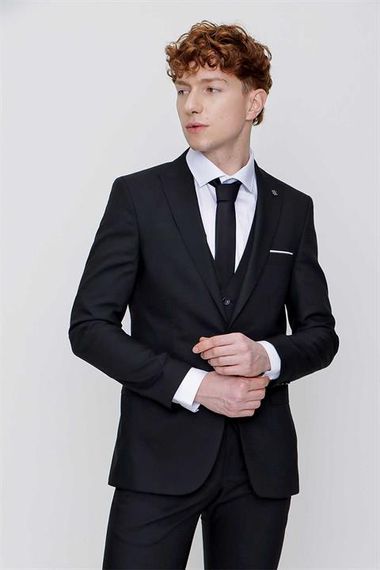 Черный жаккардовый мужской пиджак Slim Fit с жилетом 6 Drop, разные размеры доступны - фото 3