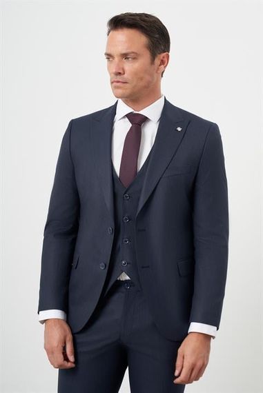 Morven Erkek Lacivert Poliviskon Trend Yelekli Çizgili Desen Slim Fit  Sivri Yaka Takım Elbise - photo 3