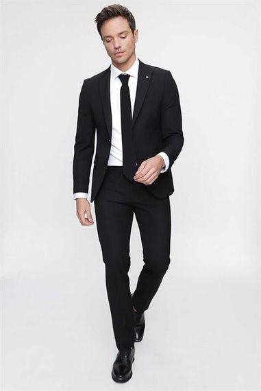 Erkek Siyah Basic Düz Slim Fit 3'lü Takım Elbise Slim Fit Gömlek Düz Kravat - fotoğraf 1