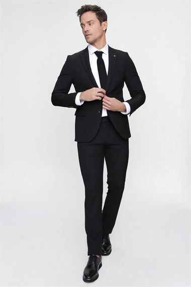 Erkek Siyah Basic Düz Slim Fit 3'lü Takım Elbise Slim Fit Gömlek Düz Kravat - fotoğraf 5