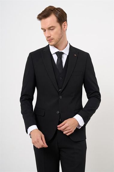 Siyah Yelekli Basic Düz Slim Fit Dar Kesim 6 Drop Erkek Takım Elbise - fotoğraf 4