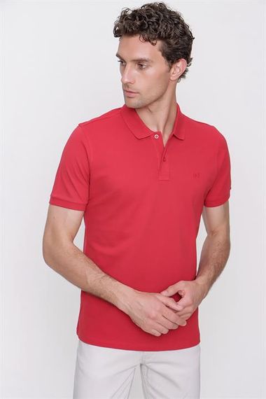 Erkek Kırmızı Basic Düz %100 Pamuk Slim Fit Dar Kesim Kısa Kollu Polo Yaka Tişört - fotoğraf 2