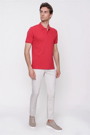 Erkek Kırmızı Basic Düz %100 Pamuk Slim Fit Dar Kesim Kısa Kollu Polo Yaka Tişört - fotoğraf 4