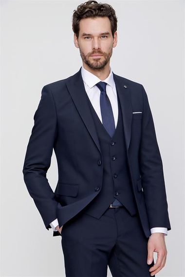 Темно-синий slim fit пиджак с жилетом, узкий 6 Drop для мужчин, коллекция Basic, жаккардовая ткань, идеален для деловых встреч и особых случаев - фото 3