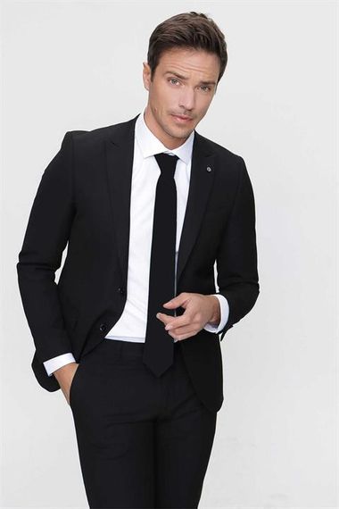 Erkek Siyah Basic Düz Slim Fit 3'lü Takım Elbise Slim Fit Gömlek Düz Kravat - fotoğraf 2