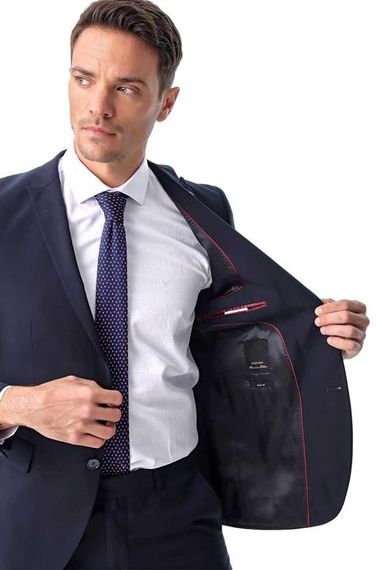 Erkek Lacivert Basic Düz Slim Fit Dar Kesim Çift Yırtmaç Takım Elbise - fotoğraf 5