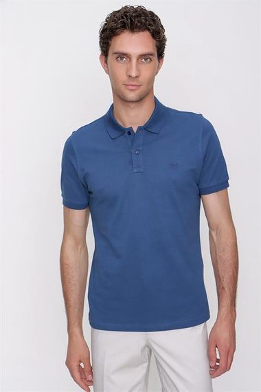 Erkek Marine Basic Düz %100 Pamuk Slim Fit Dar Kesim Kısa Kollu Polo Yaka Tişört - fotoğraf 3