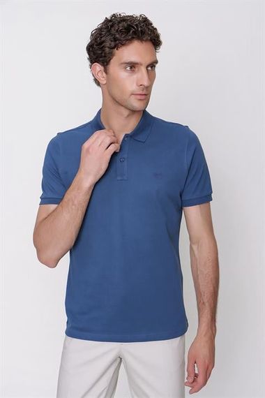 Erkek Marine Basic Düz %100 Pamuk Slim Fit Dar Kesim Kısa Kollu Polo Yaka Tişört - fotoğraf 2