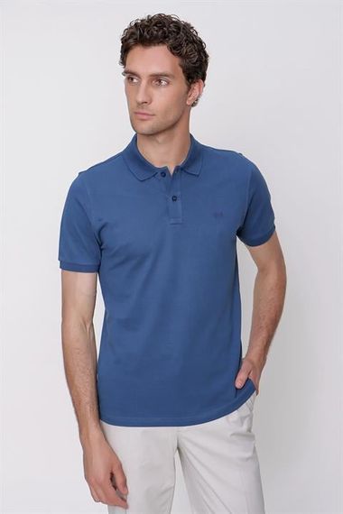 Erkek Marine Basic Düz %100 Pamuk Slim Fit Dar Kesim Kısa Kollu Polo Yaka Tişört - fotoğraf 1