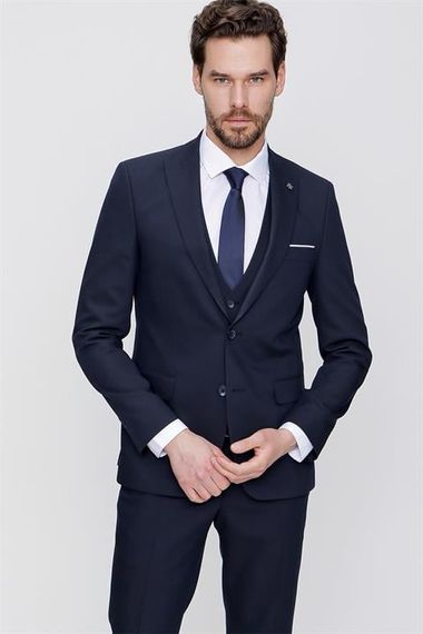 Lacivert Yelekli Jakarlı Slim Fit Dar Kesim 6 Drop Erkek Takım Elbise - fotoğraf 4