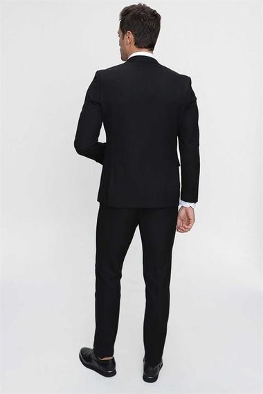 Erkek Siyah Basic Düz Slim Fit 3'lü Takım Elbise Slim Fit Gömlek Düz Kravat - fotoğraf 4