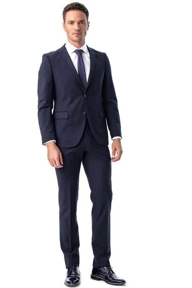 Erkek Lacivert Basic Düz Slim Fit Dar Kesim Çift Yırtmaç Takım Elbise - fotoğraf 1