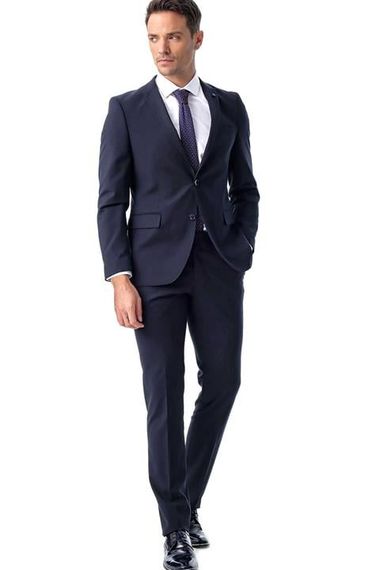 Erkek Lacivert Basic Düz Slim Fit Dar Kesim 6 Drop Takım Elbise - fotoğraf 5