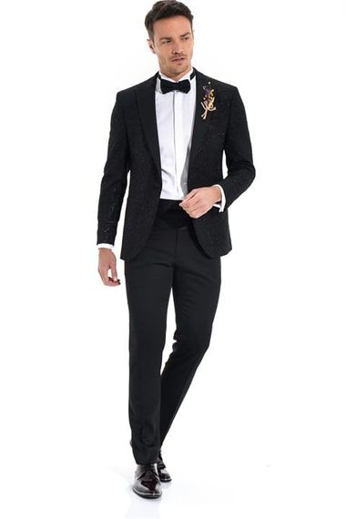  Morven Erkek Siyah Slim Fit Jakarlı Smokin - fotoğraf 2