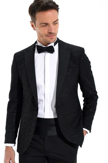  Morven Erkek Siyah Slim Fit Jakarlı Smokin - fotoğraf 3