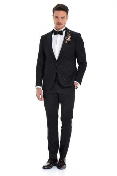  Morven Erkek Siyah Slim Fit Jakarlı Smokin - fotoğraf 1